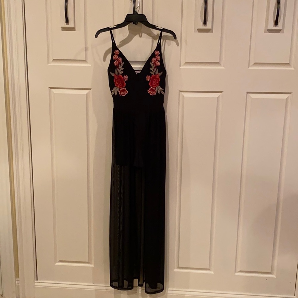 Embroidered V-Neck Romper with a Sheer Train